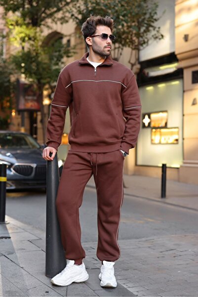 Madmext Bitter Brown Stripe Detailed Stand Collar Men's Tracksuit Set E7380