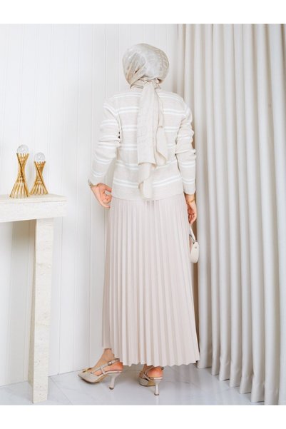 REMA BUTİK Women's Striped Terry Cardigan - Pleated Leather-Like Skirt Dual Combination