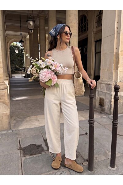 Juuuj Cream-Colored Cotton-Linen Look Trousers with Elastic Waist and Lace-Up...