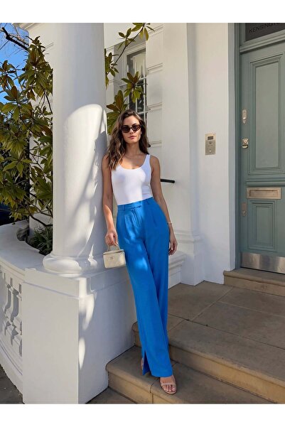 Juuuj Saks Cotton Blend Fabric Wide Leg Relaxed Cut Palazzo Trousers with Sli...
