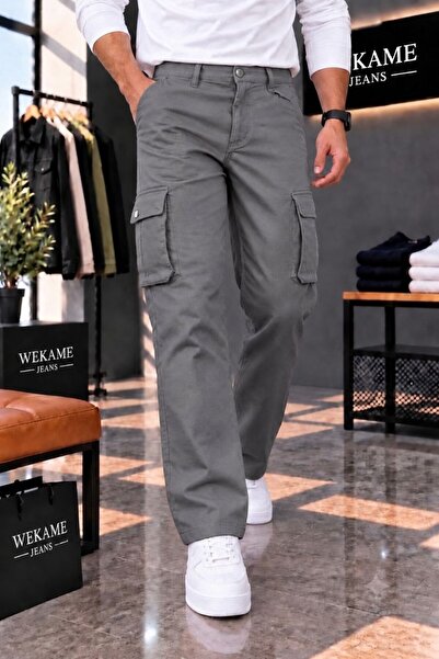 WKM Pantaloni cargo casual din gabardină pentru bărbați, croială normală