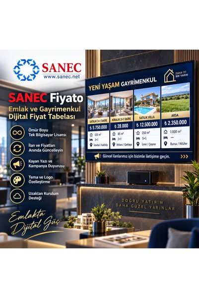 SANEC Emlak & Gayrimenkul Fiyat Tabelası – 43" HDMI Ekranlı Dijital Fiyat Tab...