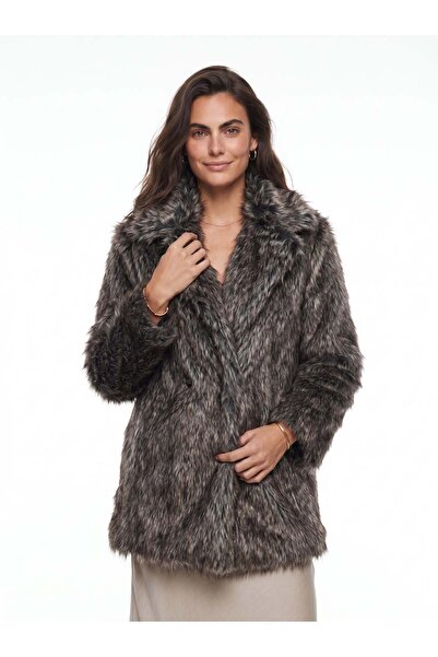 Juuuj Black Gray Polyester Faux Fur Textured Double Breasted Collar Inner Lin...