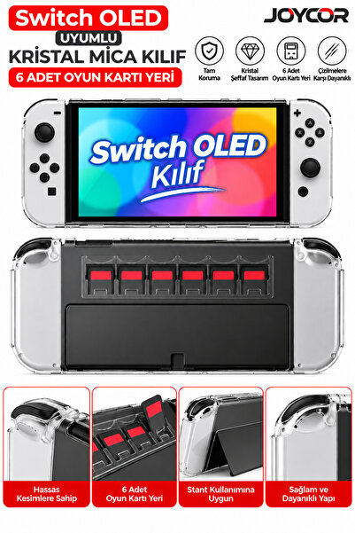 JOYCOR Switch OLED Uyumlu Kristal Mica Kılıf 6 Oyun Kartı Yuvalı Şeffaf Koruy...