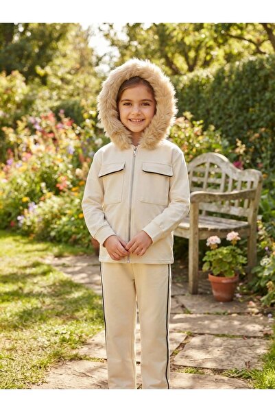 Ysferbutik Girl's Hooded Furry Pocket Zipper Sweatshirt and Sweatpants Two-Pi...