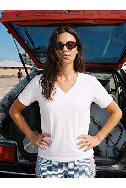 Juuuj White Organic Cotton Deep V-Neck Short Sleeve Comfort Fit Relaxed Cut K...