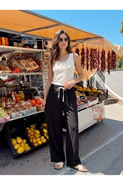 Juuuj Black Polyester Fabric High Waist Elastic Tie Loose Cut Comfortable For...