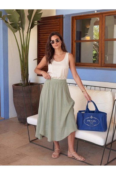 Juuuj Green Cotton Muslin Crinkle Skirt with Elastic Waist, Asymmetrical Cut,...