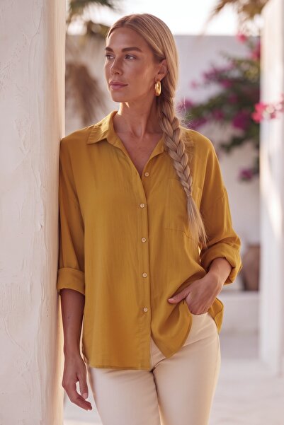 Chiccy Mustard Shirt with Collar, Cuffed Sleeves, Buttoned Pockets, Casual Te...