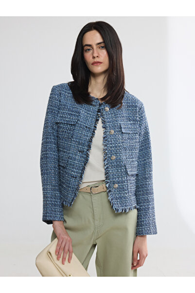 LC Waikiki Jachetă de damă din tweed în carouri, cu guler rotund