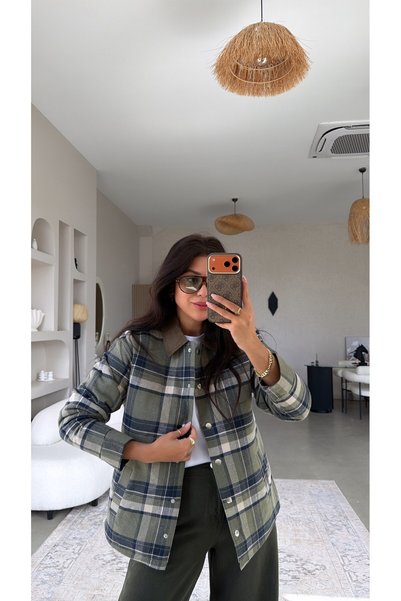 Buket Teke Khaki Plaid Velvet Collared Quilted Jacket