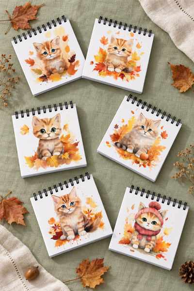 giftkonsept Set mini beležnica sa slatkim mačkastim uzorkom jesenjeg lišća