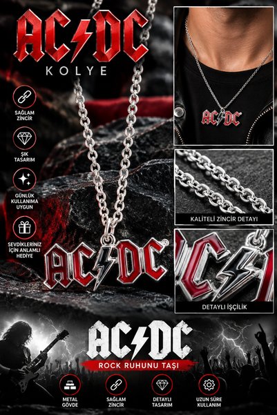FG KONNİCHİWA Ac/Dc Logo Pendant Red Black Silver Color Unisex Rock Music Necklace