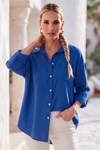 Chiccy Dark Blue Shirt Collar Cuffed Sleeves Buttoned Pockets Casual Tencel F...