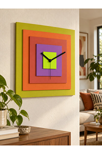 Modern Renkli Katmanlı Kare MDF Tasarım-Dekoratif Duvar Saati 30x30 cm