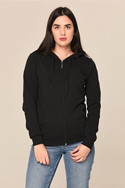luci sports Women's Black Zippered Hooded Sweat Cardigan