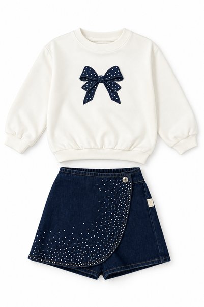 Beniizle Kız Çocuk Fiyonk Detaylı Sweatshirt ve Taşlı Denim Şort Etek 2’li Takım