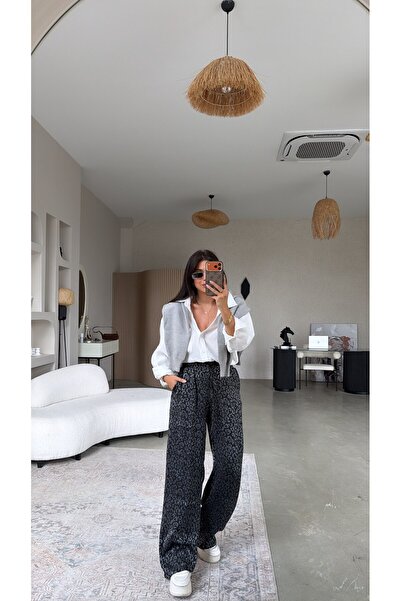 Buket Teke Black Jacquard Leopard Pants