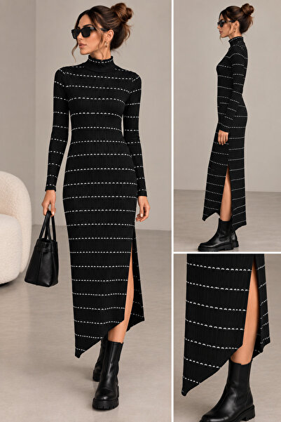 THIRTEEN SELECT Women's Black and White Patterned Turtleneck Long Dress with Side Slits and Asymmetrical Cut