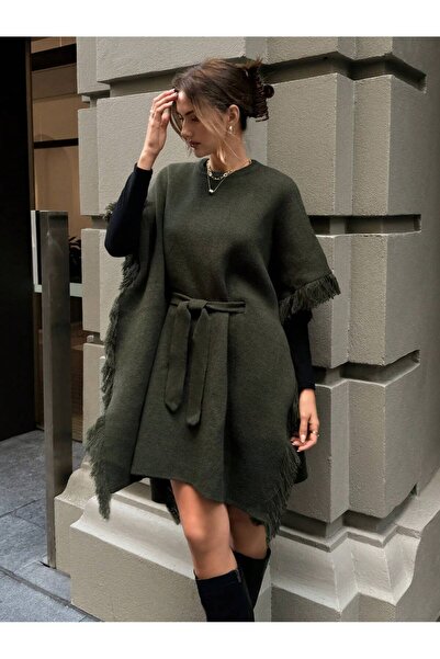 miss sadem Women's Khaki Belted Tasseled Knitwear Poncho Tunic – Oversized Ba...