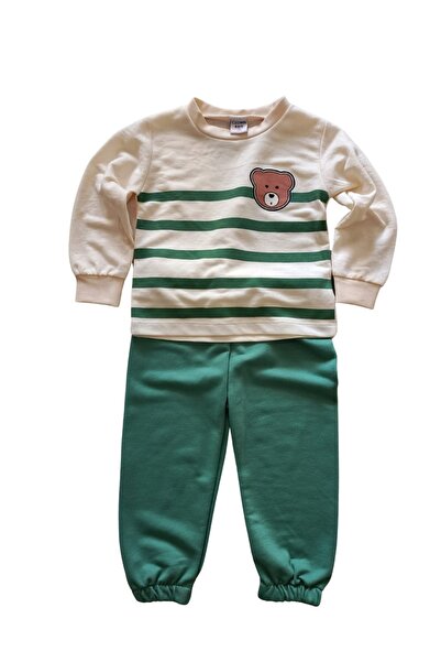 Bebek Ayıcık Baskılı Çizgili Sweatshirt Eşofman Takımı