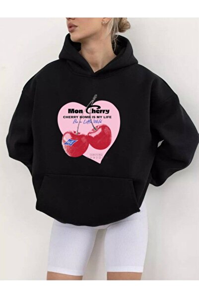 Minga London Μαύρο φούτερ με κουκούλα Mon Cherry με στάμπα, σε μεγάλο μέγεθος