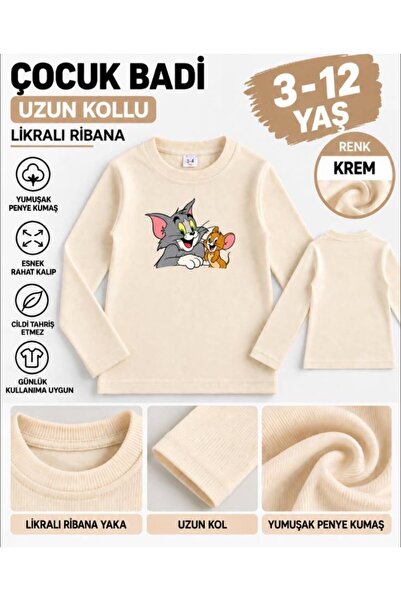 TPN KİDS Çocuk Badi Tom Ve Jerry Uzun Kollu Likralı Ribana Krem