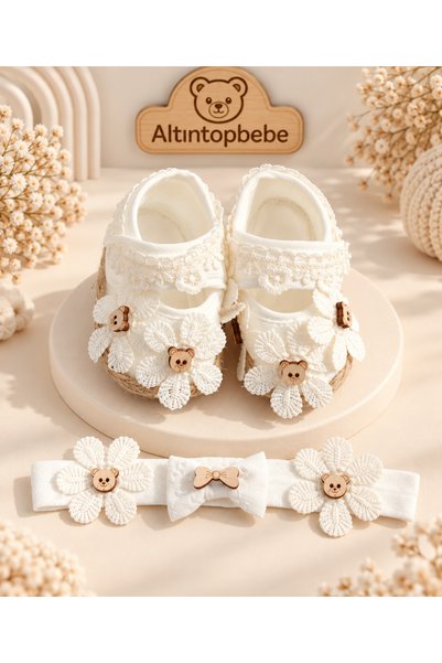 altıntop bebe مجموعة أحذية أطفال وشالات رأس مزينة بالدانتيل العضوي
