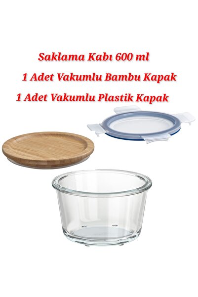 IKEA Cam Saklama Kabı 14x8 Cm 1 Adet Plastik Ve 1 Adet Bambu Kapaklı Yuvarlak...