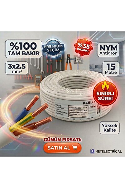 Kaliteli 3x2.5 mm² NYM (Antigron) Bakır Kablo - 15 Metre