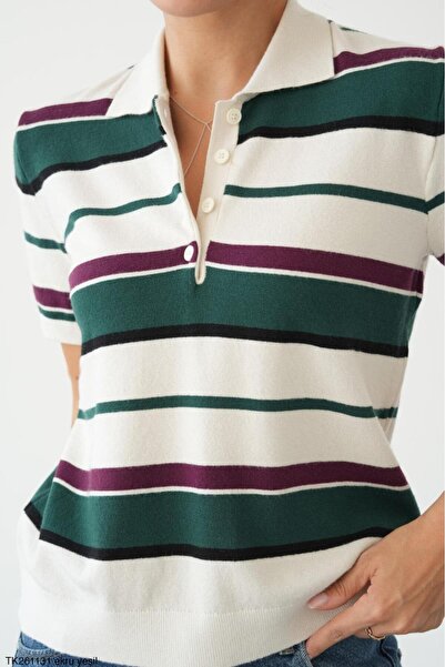 CADDELAMODA Women's Striped Polo Neck