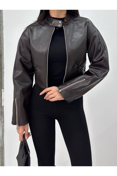 MODA DURAĞI Women's Brown Crop Synthetic Leather Jacket with Standing Collar and Zipper Brown