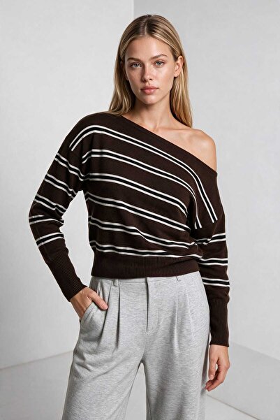 Lovelyİstanbul Boat Neck Striped Knitwear Sweater 4437 Lki̇0071 Brown Ecru