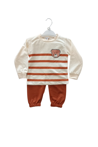 Bebek Ayıcık Baskılı Çizgili Sweatshirt Eşofman Takımı