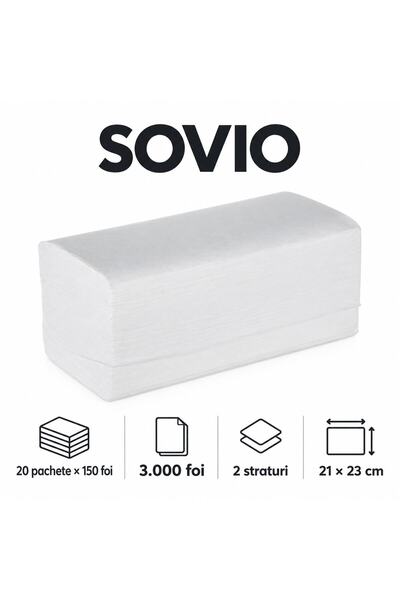 Sovio prosoape de hârtie pliate V-Fold, 2 straturi, 21 × 23 cm, bax 20 × 150 ...