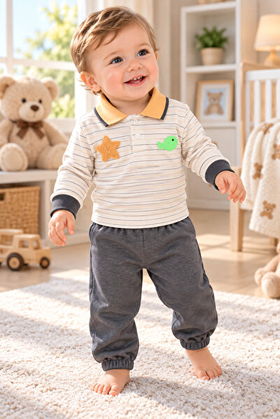 SERPİL Ss Gi̇yi̇m Baby Boy Striped Polo Collar 2-Piece Set – Gray Tracksuit S...