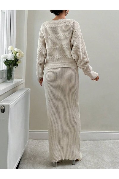 miss sadem Women's Cream Baklava Patterned Knitwear Double Set