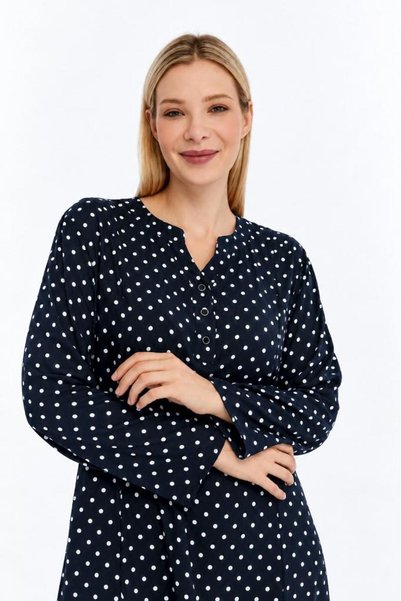 Sedef Moda Evi Plus Size Navy Blue Polka Dot Long Sleeve Viscose Hijab Mother's Dress