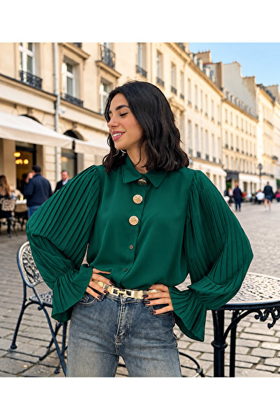OnlyForYou Cămașă Damă Elegantă din Material Satinat Tip Piersicuță, Mâneci P...