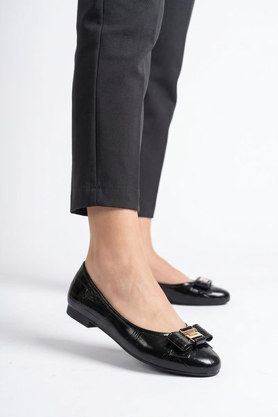 Moda Pie Komes Thin Bow Medium Buckle Women's Ballerina Flats Black Croka