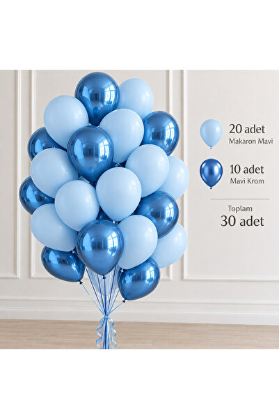 Öztürkpartievi 30-Piece Balloon Set – 20 Blue Macaron Balloons + 10 Blue Chro...