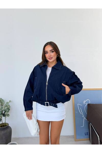 Reysamoda Kemer detaylı kot ceket Ovarsize fermuarlı denim ceket