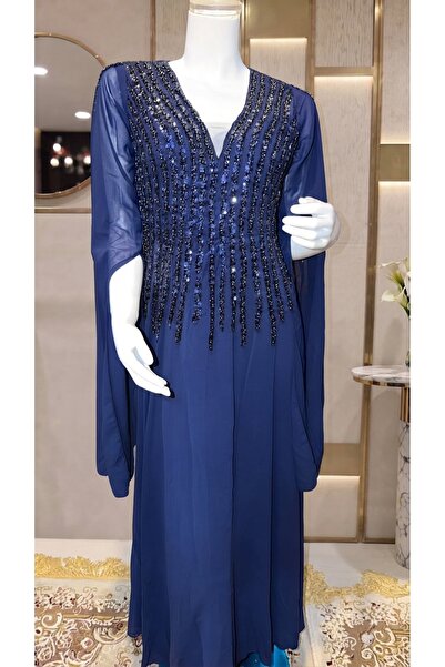 PARIO STORE Royal Navy Blue Long Dress with Embroidery