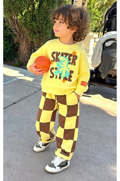 Alvadonna New Season Checkerboard Patterned Dinosaur Top and Bottom Set