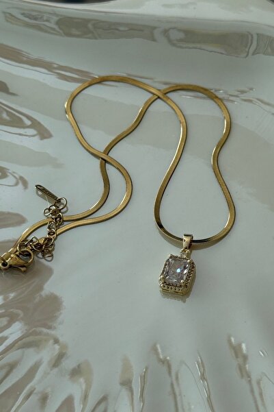 Trendy Butik Steel Italian Chain Square Solitaire Model Necklace