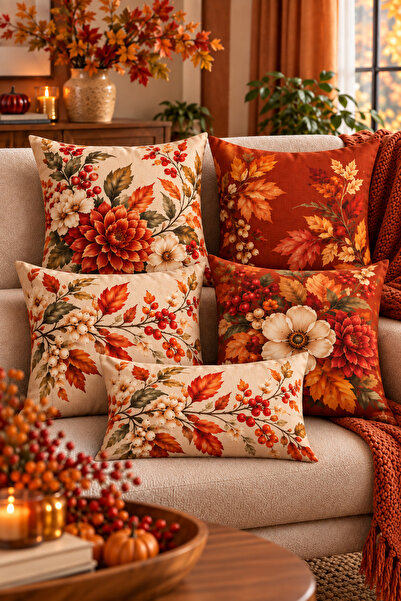 Modena 5 'Li Set Sonbahar Esintisi Dekoratif Kırlent Kılıfı 4 Adet 42 x 42 cm...