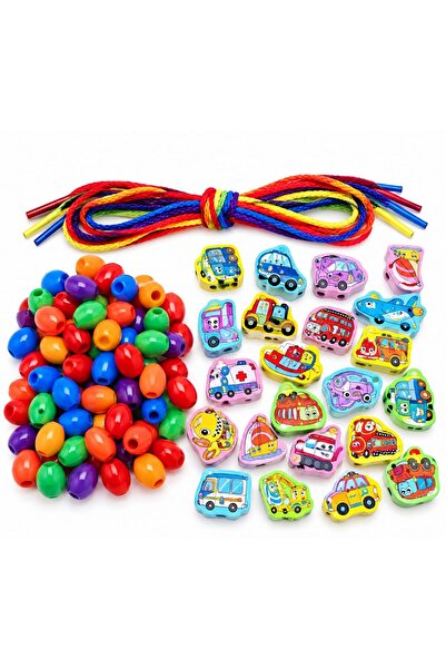 MASHASHOP Игра за нанизване, Превозни средства и мъниста, Монтесори, дърво, 7...