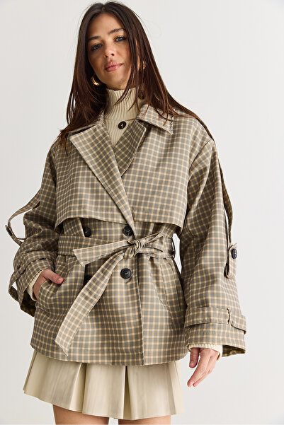 Bianco Lucci Women's Plaid Patterned Lined Belted Pocket Detailed Water Repel...