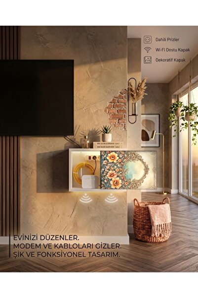 Estetik İskandinav Doğal Ahşap Sürgülü Kapaklı Kablo Düzenleyici Dolap Priz Kapatıcı Organizer
