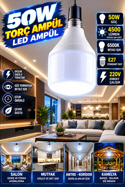 LED PAZARI 50W TORC AMPÜL YÜKSEK TAVAN GENİŞ ODALAR İÇİN BEYAZ IŞIK E 27 4500lm
